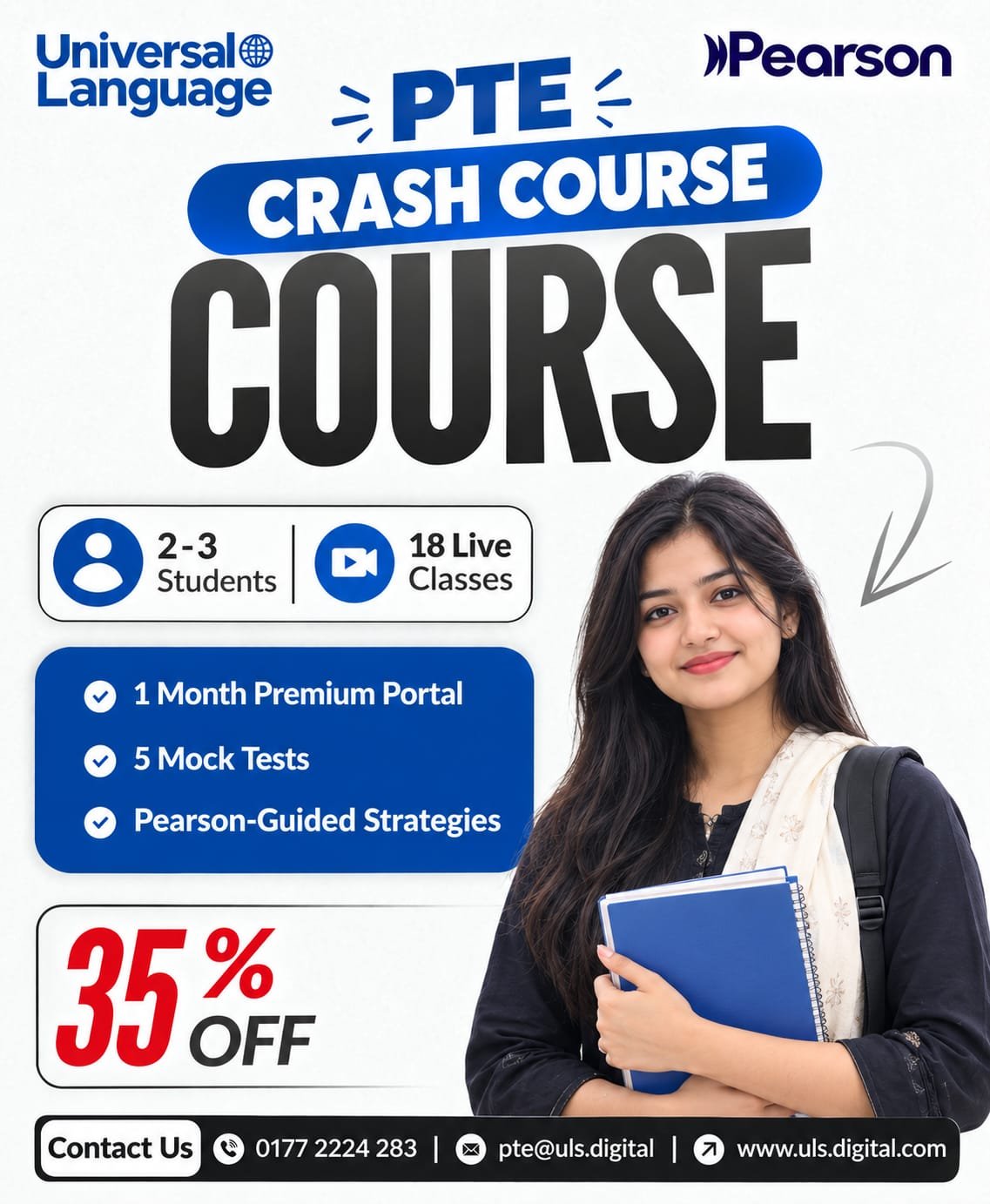 PTE Crash Course at Universal Language with 35% Discount - 18 Live Classes, 2-3 Students, 5 Mock Tests