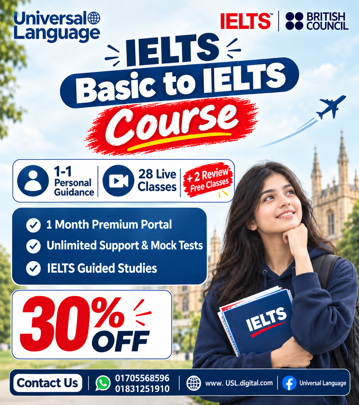 IELTS Basic to IELTS Course at Universal Language with 30% Discount - 28 Live Classes + 2 Free Review Classes